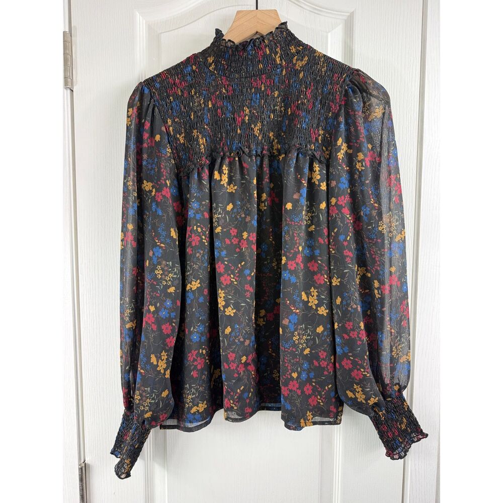 Laundry by Shelli Segal Women’s L Black Floral Sheer Smocked Blouse High Neck